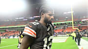 Nov 16, 2025; Cleveland, Ohio, USA; Cleveland Browns quarterback Shedeur Sanders (12) walks off the field following a game against the Baltimore Ravens at Huntington Bank Field. Mandatory Credit: Ken Blaze-Imagn Images