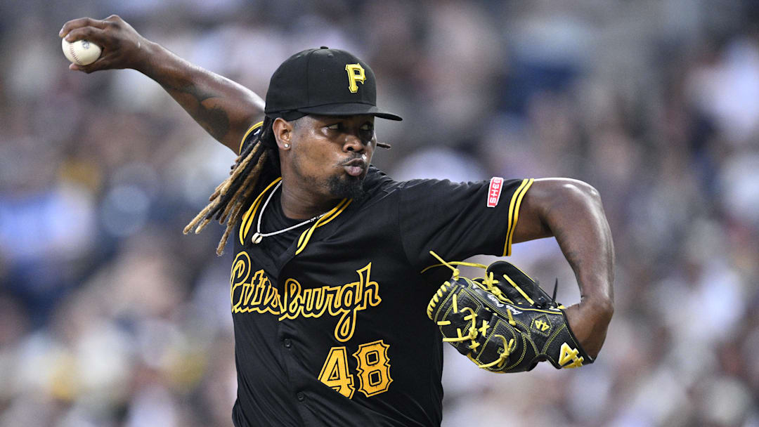 Aug 13, 2024; San Diego, California, USA; Pittsburgh Pirates starting pitcher Luis Ortiz (48) pitches against the San Diego Padres during the second inning at Petco Park. Mandatory Credit: Orlando Ramirez-Imagn Images