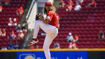 Sep 5, 2024; Cincinnati, Ohio, USA; Cincinnati Reds starting pitcher Rhett Lowder (81) pitches against the Houston Astros in the fifth inning at Great American Ball Park. Mandatory Credit: Katie Stratman-Imagn Images