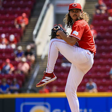 Sep 5, 2024; Cincinnati, Ohio, USA; Cincinnati Reds starting pitcher Rhett Lowder (81) pitches against the Houston Astros in the fifth inning at Great American Ball Park. Mandatory Credit: Katie Stratman-Imagn Images