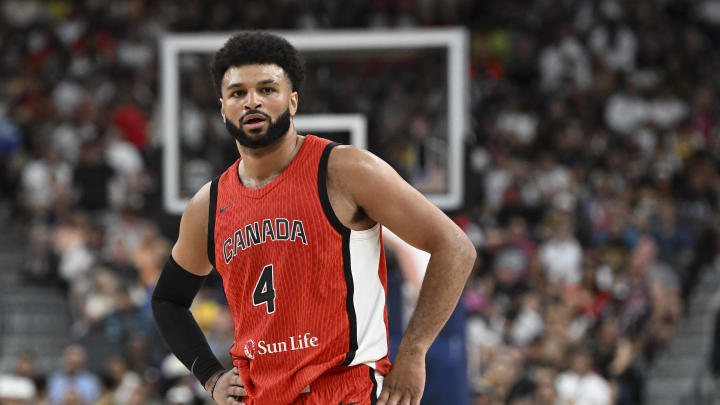 Jul 10, 2024; Las Vegas, Nevada, USA; Canada guard Jamal Murray (4) looks on in the second quarter against USA in the USA Basketball Showcase at T-Mobile Arena. Mandatory Credit: Candice Ward-USA TODAY Sports