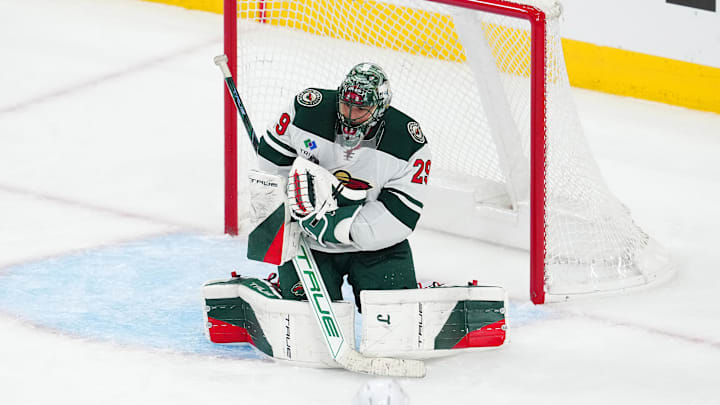 Apr 29, 2025; Las Vegas, Nevada, USA; Minnesota Wild goaltender Marc-Andre Fleury (29) makes a save against the Vegas Golden Knights during the third period of game five of the first round of the 2025 Stanley Cup Playoffs at T-Mobile Arena. Mandatory Credit: Stephen R. Sylvanie-Imagn Images Apr 29, 2025; Las Vegas, Nevada, USA; Minnesota Wild goaltender Marc-Andre Fleury (29) makes a save against the Vegas Golden Knights during the third period of game five of the first round of the 2025 Stanley Cup Playoffs at T-Mobile Arena. Mandatory Credit: Stephen R. Sylvanie-Imagn Images