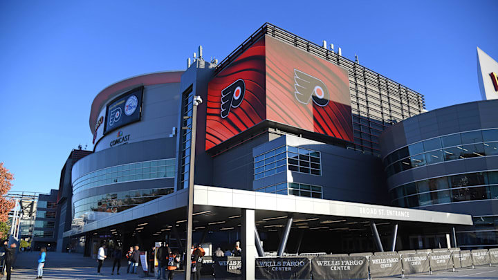 Oct 27, 2024; Philadelphia, Pennsylvania, USA; A general view of the Wells Fargo Center before game between Philadelphia Flyers and Montreal Canadiens. Mandatory Credit: Eric Hartline-Imagn Images