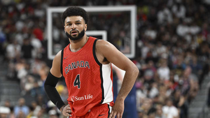 Jul 10, 2024; Las Vegas, Nevada, USA; Canada guard Jamal Murray (4) looks on in the second quarter against USA in the USA Basketball Showcase at T-Mobile Arena. Mandatory Credit: Candice Ward-USA TODAY Sports