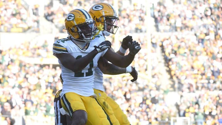 Nov 12, 2023; Pittsburgh, Pennsylvania, USA; Green Bay Packers wide receiver Jayden Reed (11) celebrates a 35 yard touchdown against the Pittsburgh Steelers during the second quarter at Acrisure Stadium. Mandatory Credit: Philip G. Pavely-Imagn Images