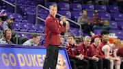 Head coach Scott Cross of the Troy Trojans looks on during a college basketball game against the James Madison Dukes at Atlantic Union Bank Arena on February 5, 2025 in Harrisonburg, Virginia. 