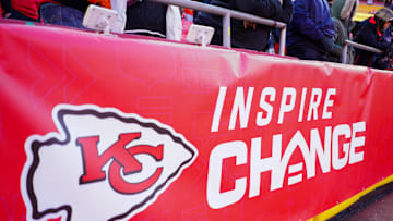 Dec 21, 2024; Kansas City, Missouri, USA; A general view of the NFL Inspire Change logo on field prior to a game between the Kansas City Chiefs and Houston Texans at GEHA Field at Arrowhead Stadium. Mandatory Credit: Denny Medley-Imagn Images