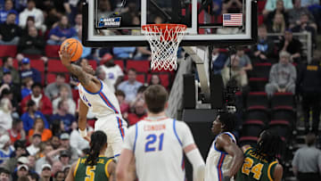 Mar 21, 2025; Raleigh, NC, USA;  Florida Gators guard Alijah Martin (15) makes a basket during the second half against the Norfolk State Spartans at Lenovo Center. Mandatory Credit: Bob Donnan-Imagn Images
