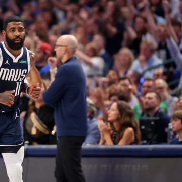 Jun 12, 2024; Dallas, Texas, USA; Dallas Mavericks guard Kyrie Irving (11) reacts after a play against the Boston Celtics during the second quarter during game three of the 2024 NBA Finals at American Airlines Center. Mandatory Credit: Kevin Jairaj-USA TODAY Sports