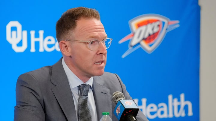 Thunder general manager Sam Presti speaks during an introductory press conference for the 2024 Thunder draft picks at Oklahoma Contemporary Arts Center in Oklahoma City, Saturday, June, 29, 2024.