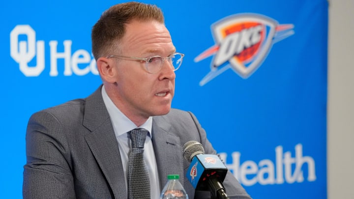 Thunder general manager Sam Presti speaks during an introductory press conference for the 2024 Thunder draft picks at Oklahoma Contemporary Arts Center in Oklahoma City, Saturday, June, 29, 2024.