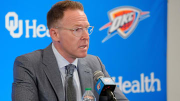 Thunder general manager Sam Presti speaks during an introductory press conference for the 2024 Thunder draft picks at Oklahoma Contemporary Arts Center in Oklahoma City, Saturday, June, 29, 2024.