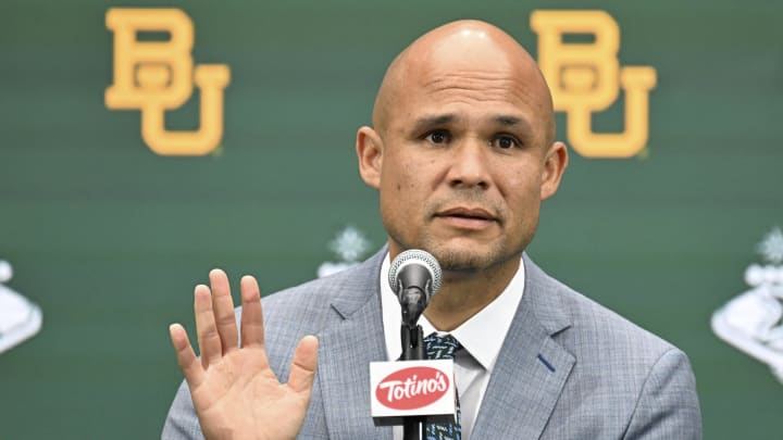 Baylor Bears head coach Dave Aranda speaks to the media during the Big 12 Media Days at Allegiant Stadium.