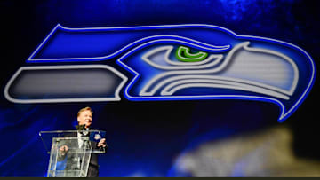 Apr 28, 2022; Las Vegas, NV, USA; NFL commissioner Roger Goodell announces Mississippi State offensive tackle Charles Cross as the ninth overall pick to the Seattle Seahawks during the first round of the 2022 NFL Draft at the NFL Draft Theater. Mandatory Credit: Gary Vasquez-Imagn Images