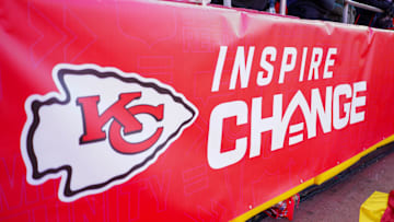 Dec 21, 2024; Kansas City, Missouri, USA; A general view of the NFL Inspire Change logo on field prior to a game between the Kansas City Chiefs and Houston Texans at GEHA Field at Arrowhead Stadium. Mandatory Credit: Denny Medley-Imagn Images