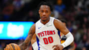 Dec 28, 2024; Denver, Colorado, USA; Detroit Pistons forward Ronald Holland II (00) dribbles up court in the second half against the Denver Nuggets at Ball Arena. Mandatory Credit: Ron Chenoy-Imagn Images