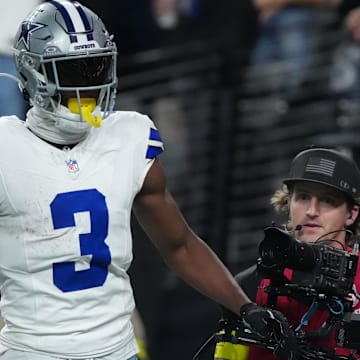 Dallas Cowboys wide receiver George Pickens reacts after scoring a touchdown against the Las Vegas Raiders.