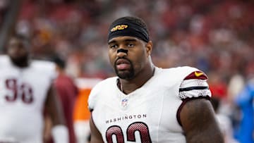 Sep 29, 2024; Glendale, Arizona, USA; Washington Commanders defensive tackle Jonathan Allen (93) against the Arizona Cardinals at State Farm Stadium. Mandatory Credit: Mark J. Rebilas-Imagn Images