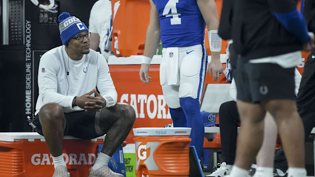 Indianapolis Colts quarterback Anthony Richardson (5) sits on the sideline during a game against the Jacksonville Jaguars
