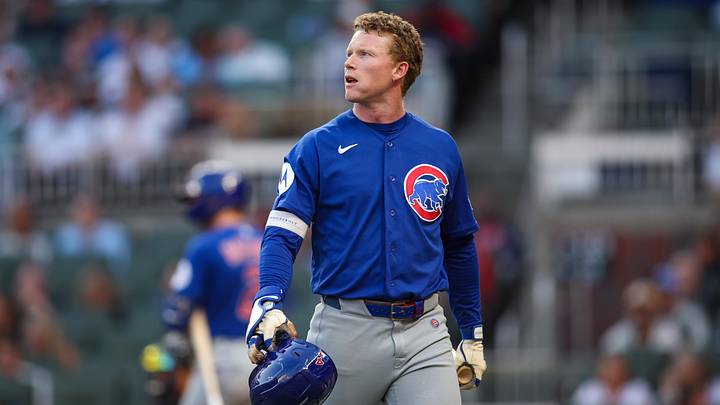 May 12, 2026; Atlanta, Georgia, USA; Chicago Cubs center fielder Pete Crow-Armstrong (4) reacts after an out against the Atlanta Braves in the third inning at Truist Park. Mandatory Credit: Brett Davis-Imagn Images