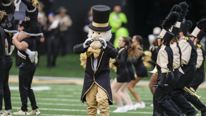 Nov 11, 2023; Winston-Salem, North Carolina, USA; Wake Forest Demon Deacons mascot on the field before the start  during the first half against the North Carolina State Wolfpack at Allegacy Federal Credit Union Stadium. Mandatory Credit: Jim Dedmon-USA TODAY Sports
