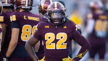 Oct 5, 2024; Tempe, Arizona, USA; Arizona State Sun Devils running back Jason Brown Jr. (22) against the Kansas Jayhawks at Mountain America Stadium. Mandatory Credit: Mark J. Rebilas-Imagn Images