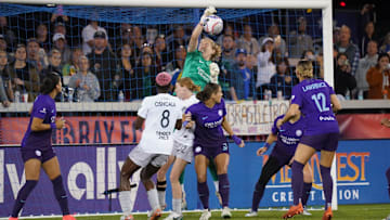 Sep 20, 2024; San Jose, California, USA; Orlando Pride goalkeeper Anna Moorhouse (1) blocks a shot on net by Bay FC during the second half at PayPal Park. Mandatory Credit: David Gonzales-Imagn Images
