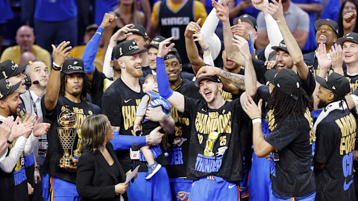 Oklahoma City Thunder guard Alex Carus celebrates after winning game seven of the 2025 NBA Finals against the Indiana Pacers at Paycom Center. Oklahoma City Thunder guard Alex Carus celebrates after winning game seven of the 2025 NBA Finals against the Indiana Pacers at Paycom Center.