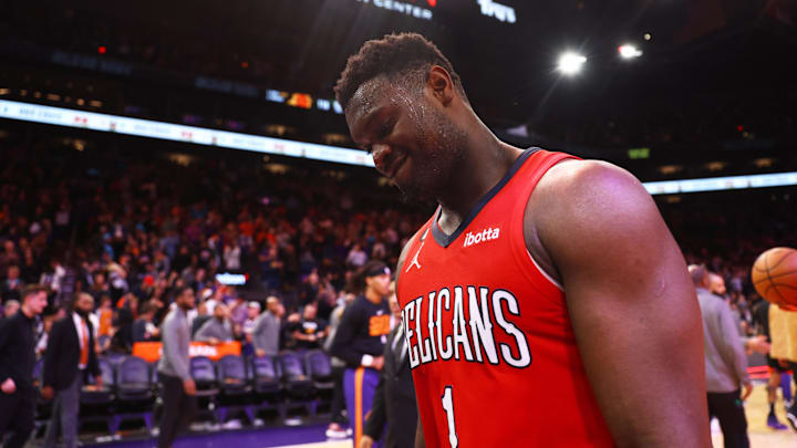 Dec 17, 2022; Phoenix, Arizona, USA; New Orleans Pelicans forward Zion Williamson (1) reacts as he leaves the court following the game against the Phoenix Suns at Footprint Center. Mandatory Credit: Mark J. Rebilas-Imagn Images