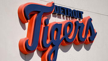 Mar 7, 2021; Lakeland, Florida, USA; A general view of the Detroit Tigers script logo on the building at Publix Field at Joker Marchant Stadium during the spring training game between the Detroit Tigers and the Toronto Blue Jays. 