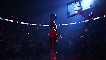 Mar 25, 2025; Portland, Oregon, USA;  Portland Trail Blazers forward Deni Avdija (8) awaits his teammates after entering the starting line up in a game against the Cleveland Cavaliers at Moda Center. Mandatory Credit: Jaime Valdez-Imagn Images