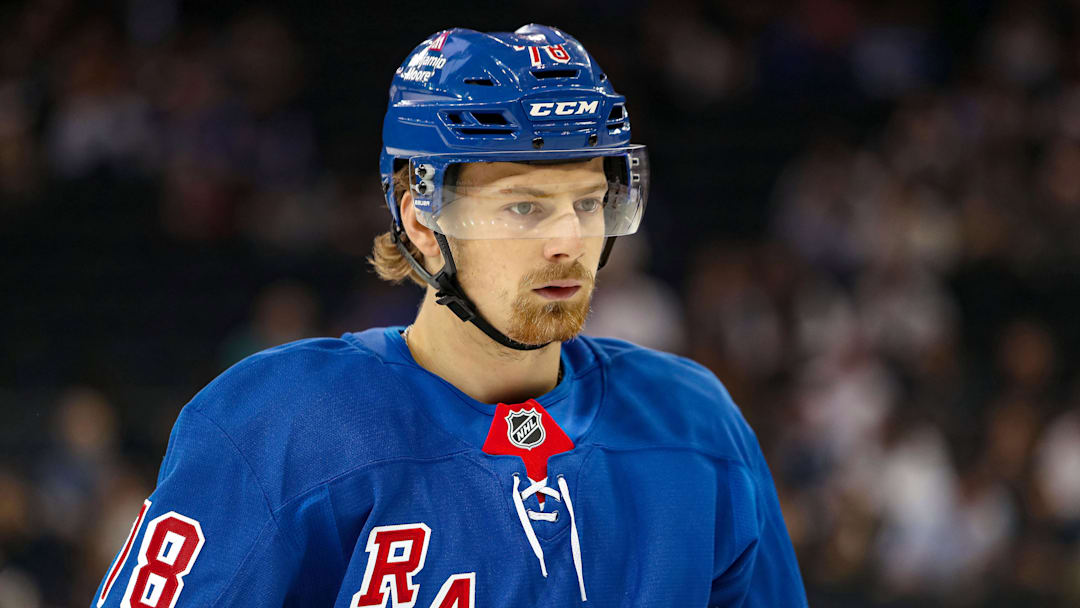 Sep 24, 2024; New York, New York, USA; New York Rangers left wing Brennan Othmann (78) skates against the New York Islanders during the first period at Madison Square Garden. Mandatory Credit: Danny Wild-Imagn Images