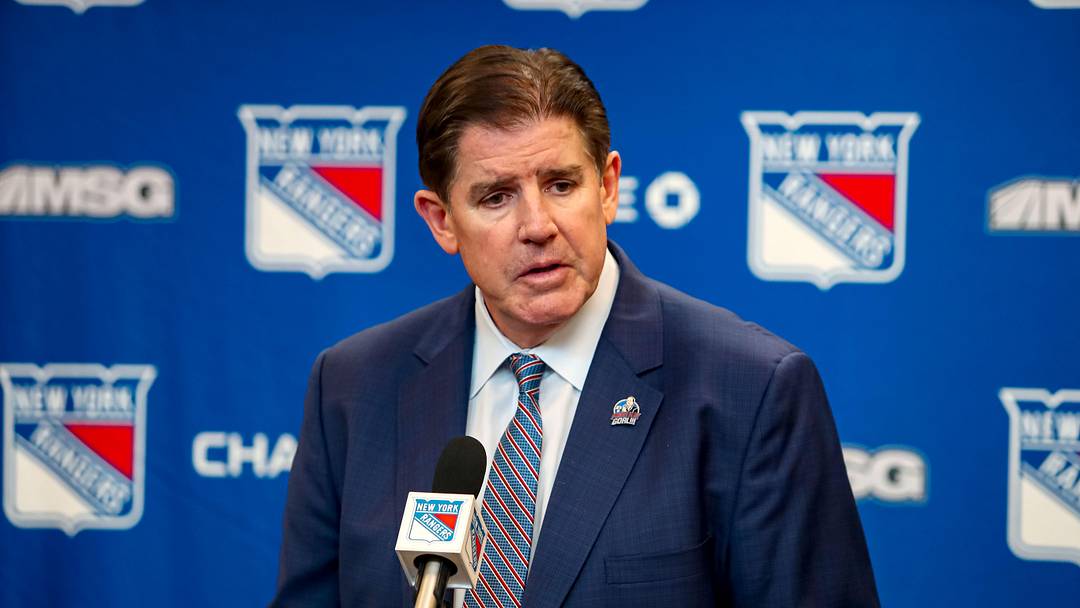 Mar 22, 2025; New York, New York, USA; New York Rangers head coach Peter Laviolette speaks with the media after a 5-3 win against the Vancouver Canucks at Madison Square Garden. Mandatory Credit: Danny Wild-Imagn Images Mar 22, 2025; New York, New York, USA; New York Rangers head coach Peter Laviolette speaks with the media after a 5-3 win against the Vancouver Canucks at Madison Square Garden. Mandatory Credit: Danny Wild-Imagn Images