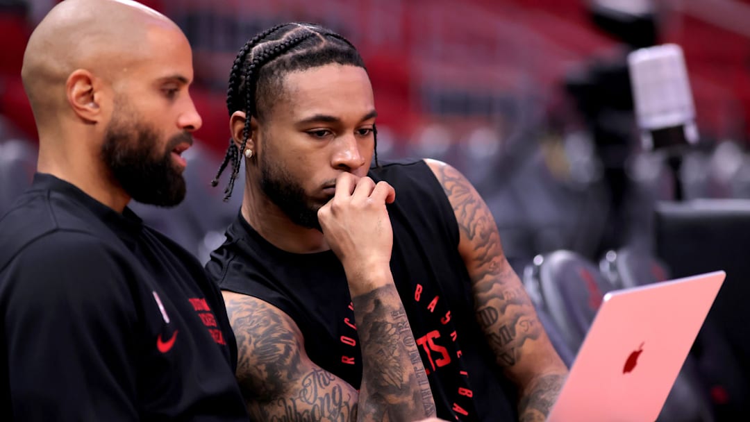 Dec 29, 2024; Houston, Texas, USA; Houston Rockets guard Cam Whitmore (7, right) warms up prior to the game against the Miami Heat at Toyota Center. Mandatory Credit: Erik Williams-Imagn Images
