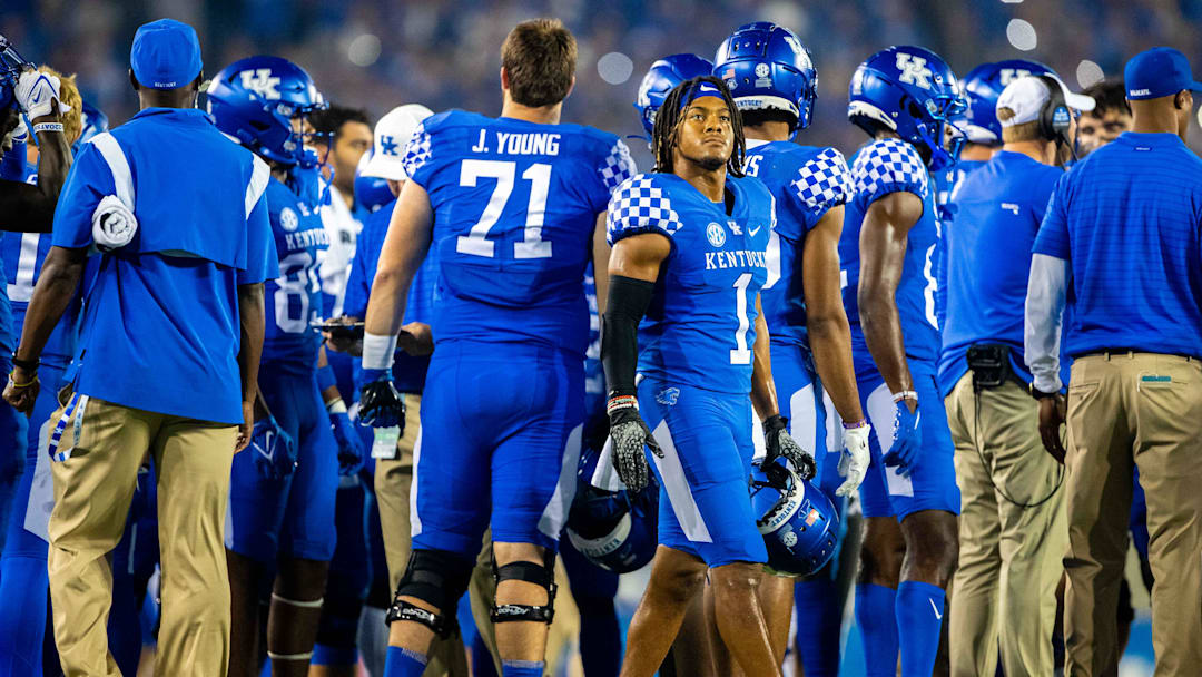 Oct 2, 2021; Lexington, Kentucky, USA; Kentucky Wildcats wide receiver Wan'Dale Robinson (1) walks outside the huddle during the fourth quarter against the Florida Gators at Kroger Field. Mandatory Credit: Jordan Prather-Imagn Images