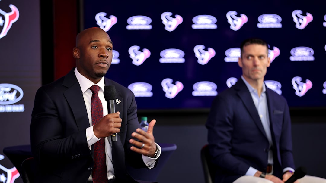 Feb 2, 2023; Houston, TX, USA; Houston Texans head coach Demeco Ryans speaks to the media during his introductory press conference as general manager Nick Caserio (right) looks on at NRG Stadium. Mandatory Credit: Erik Williams-Imagn Images