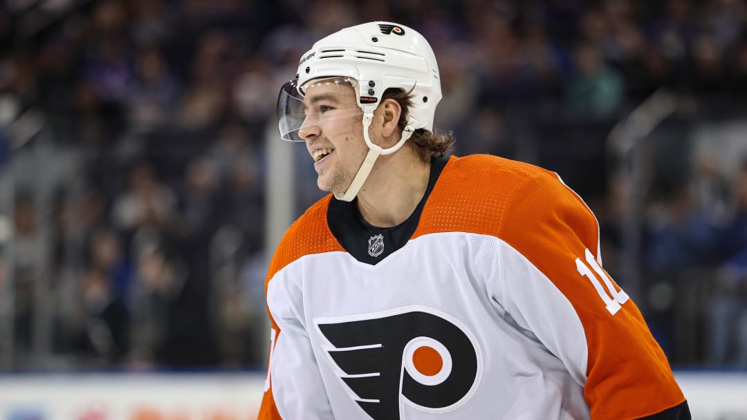 Apr 11, 2024; New York, New York, USA; Philadelphia Flyers right wing Bobby Brink (10) celebrates his goal against the New York Rangers during the second period at Madison Square Garden. Mandatory Credit: Danny Wild-USA TODAY Sports