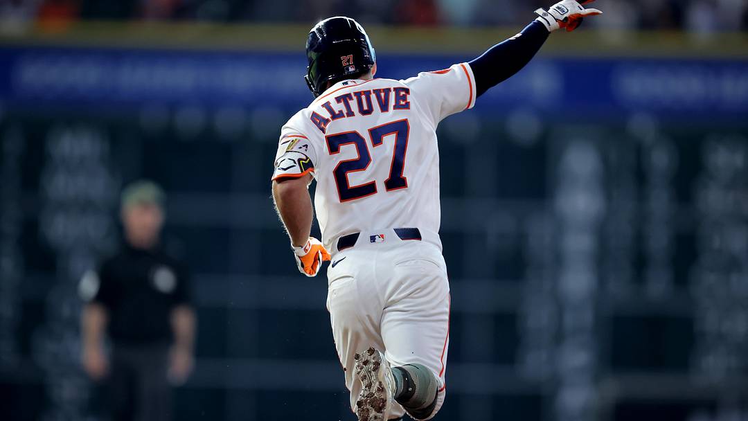 May 16, 2026; Houston, Texas, USA; Houston Astros second baseman Jose Altuve (27) reacts after hitting a home run to left field against the Texas Rangers during the first inning at Daikin Park. May 16, 2026; Houston, Texas, USA; Houston Astros second baseman Jose Altuve (27) reacts after hitting a home run to left field against the Texas Rangers during the first inning at Daikin Park.