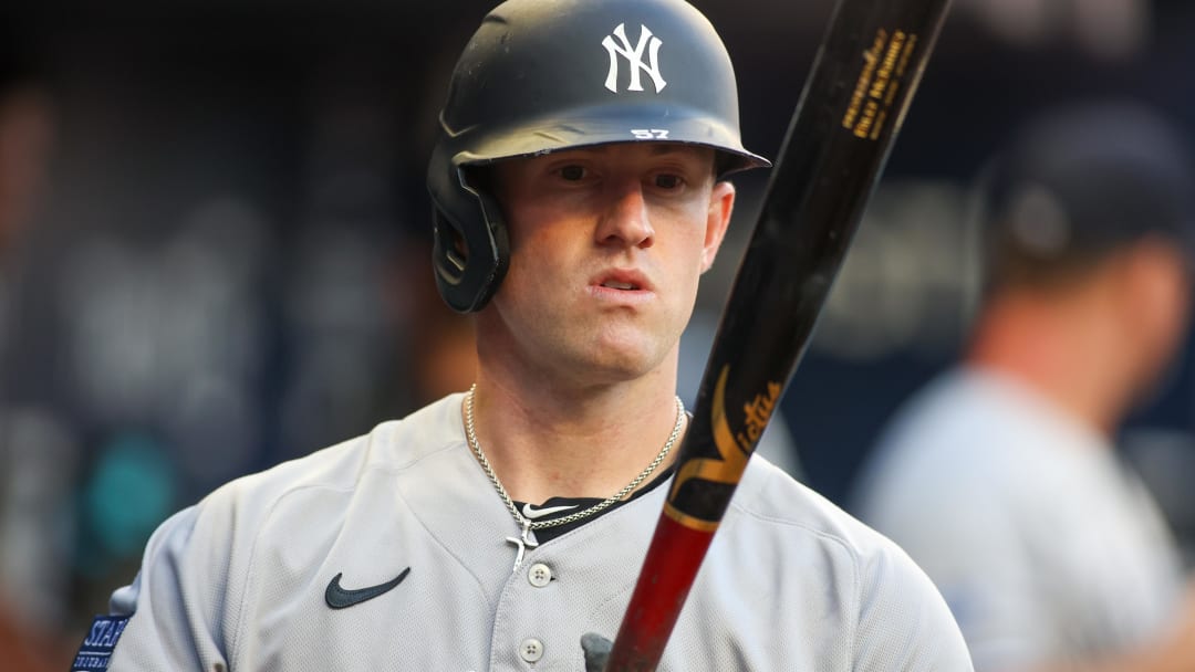 Aug 16, 2023; Atlanta, Georgia, USA; New York Yankees left fielder Billy McKinney (57) prepares for an at bat against the Atlanta Braves in the first inning at Truist Park. Mandatory Credit: Brett Davis-USA TODAY Sports