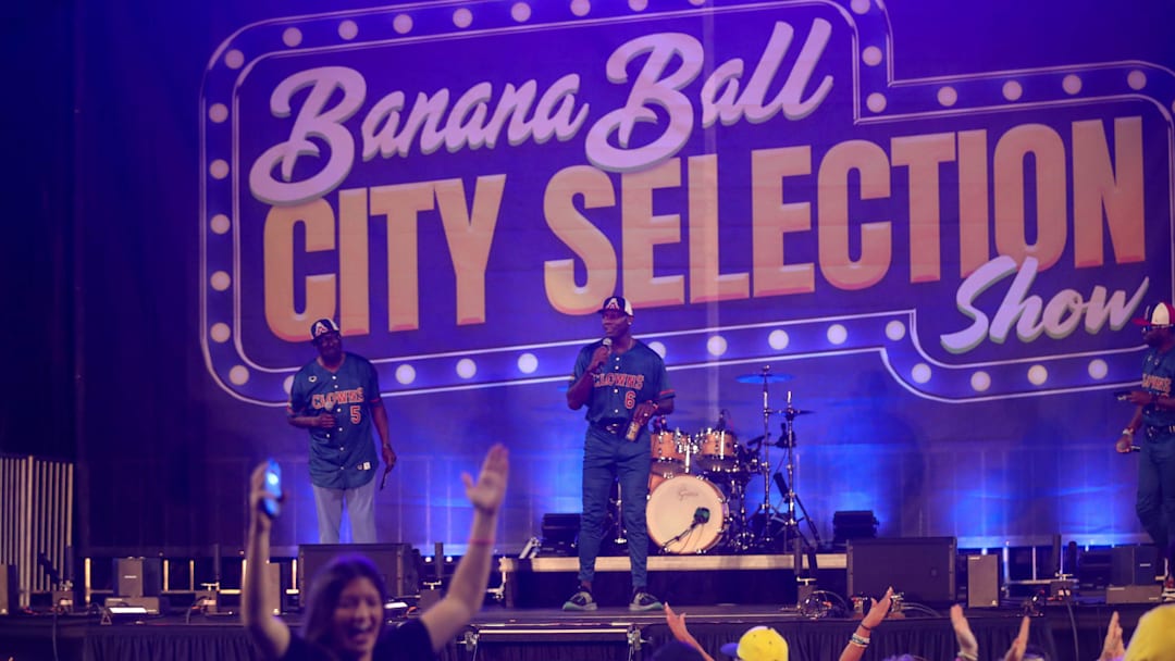 Former World Series Champion Ryan Howard, the primetime coach for the Indianapolis Clowns announces a city during the Banana Ball City Selection Show on Thursday, October 9, 2025 at Historic Grayson Stadium.