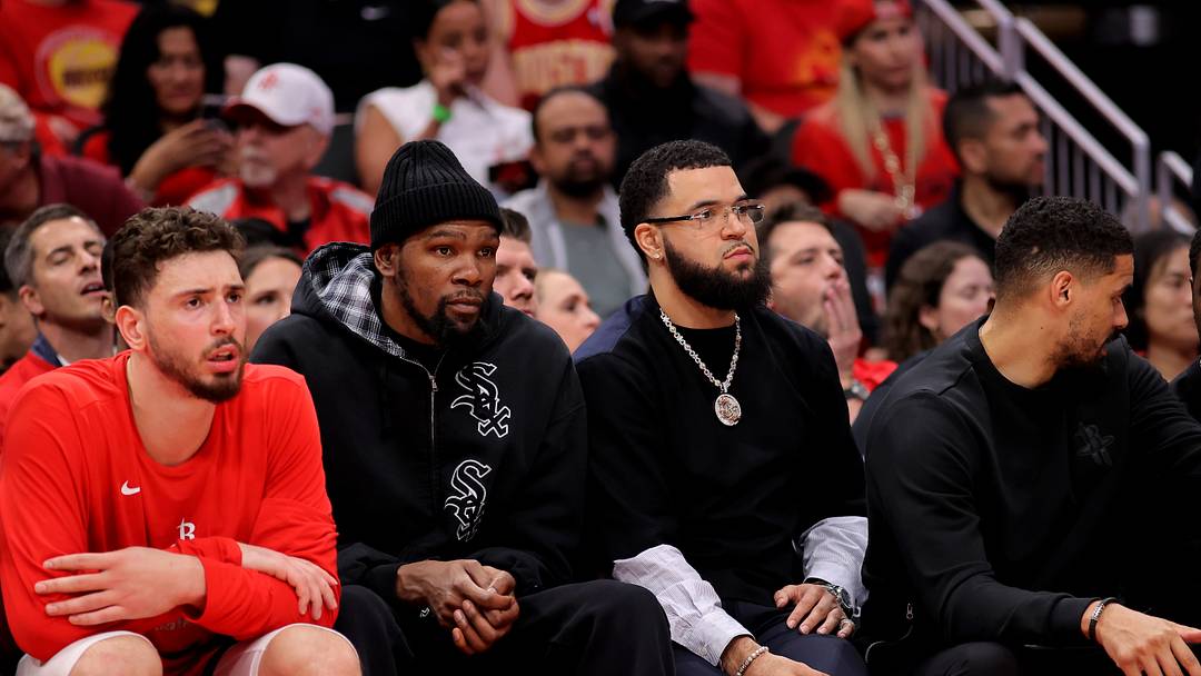 May 1, 2026; Houston, Texas, USA; Houston Rockets forward Kevin Durant (7) and Houston Rockets guard Fred VanVleet (5) sit on the bench against the Los Angeles Lakers during the third quarter of game six of the first round of the 2026 NBA Playoffs at Toyota Center. Mandatory Credit: Erik Williams-Imagn Images