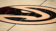 Nov 20, 2019; Atlanta, GA, USA; A general view of the Atlanta Hawks logo at midcourt before a game between the Hawks and the Milwaukee Bucks at State Farm Arena. Mandatory Credit: Jason Getz-Imagn Images