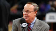 Feb 28, 2017; Auburn Hills, MI, USA; Radio and television commentator George Blaha smiles before the game between the Detroit Pistons and the Portland Trail Blazers at The Palace of Auburn Hills. Pistons won 120-113 in overtime. Mandatory Credit: Raj Mehta-Imagn Images