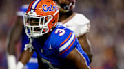 Florida Gators cornerback Jason Marshall Jr. (3) celebrates after a stop during the first half against the Florida State Seminoles at Steve Spurrier Field at Ben Hill Griffin Stadium in Gainesville, FL on Saturday, November 25, 2023. [Matt Pendleton/Gainesville Sun]