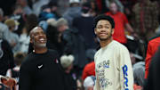 Apr 13, 2025; Portland, Oregon, USA;  Portland Trail Blazers guard Anfernee Simons (1) and Portland Trail Blazers head coach Chauncey Billups share a moment before the Trail Blazers play Los Angeles Lakers at Moda Center. Mandatory Credit: Jaime Valdez-Imagn Images