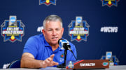 Florida head coach Tim Walton speaks to the press during the practice and media day for the Women's College World Series at Devon Park in Oklahoma City, on Wednesday, May 29, 2024.