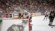 Hunter Shepard (30) makes a great save on a shot by Samu Tuomaala (27). The Lehigh Valley Phantoms played the Hershey Bears in the 1st game of the Calder Cup Semi-finals at the Giant Center in Hershey on May 1, 2024. The Bears won game one 2-1 and now lead the series 1-0.