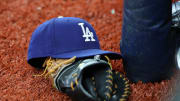 May 21, 2019; St. Petersburg, FL, USA; A detail view of Los Angeles Dodgers hat and glove at Tropicana Field. Mandatory Credit: Kim Klement-USA TODAY Sports