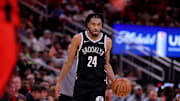 Oct 27, 2025; Houston, Texas, USA; Brooklyn Nets guard Cam Thomas (24) handles the ball against the Houston Rockets during the third quarter at Toyota Center. Mandatory Credit: Erik Williams-Imagn Images
