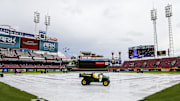 May 26, 2024; Cincinnati, Ohio, USA; A general view of the tarp on the field during a rain delay in the sixth inning in the game between the Los Angeles Dodgers and the Cincinnati Reds at Great American Ball Park. Mandatory Credit: Katie Stratman-Imagn Images